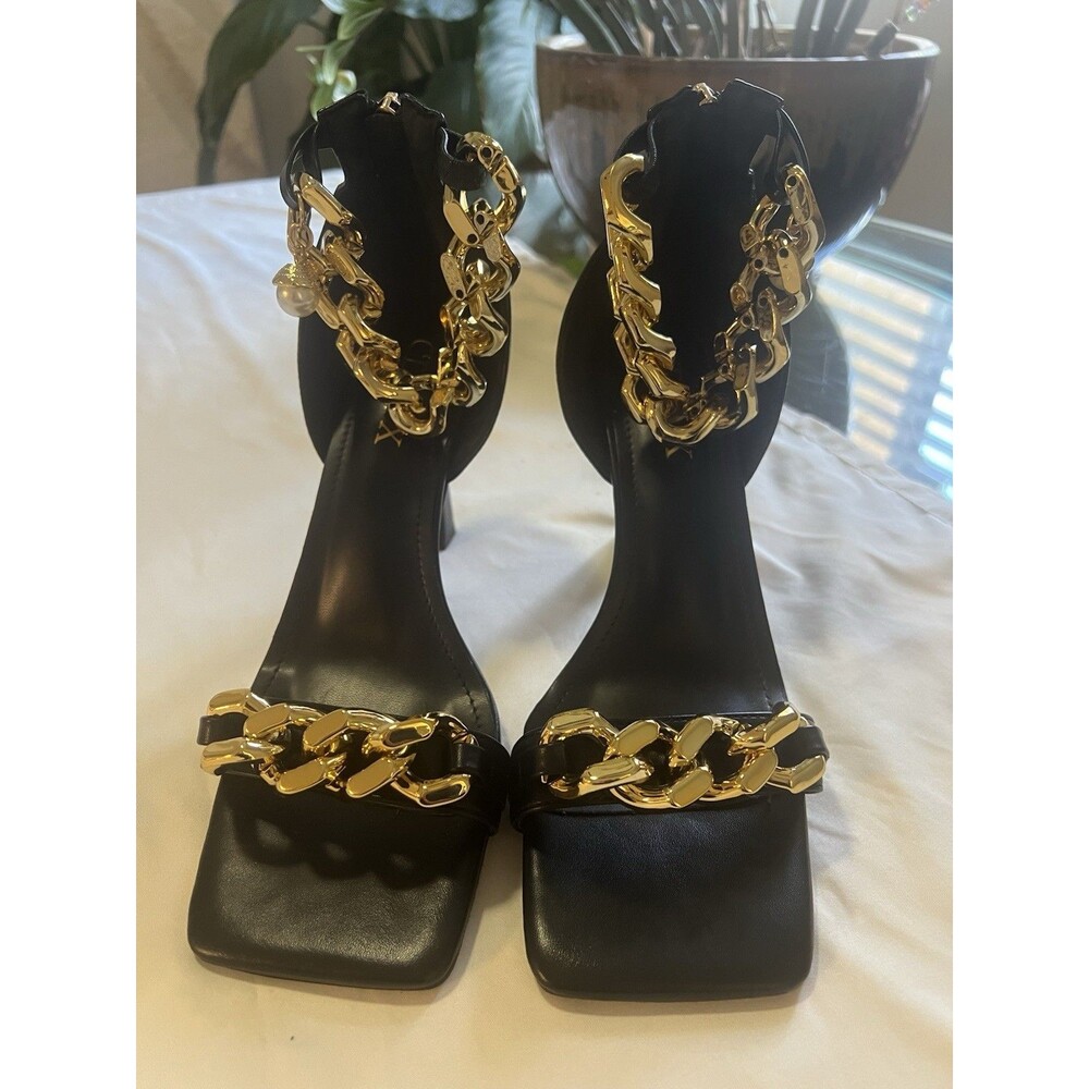 Cdhyx Black Gold Chain Sandals Stiletto 4” Heels 9.5 Square Toe Women's Worn 1x